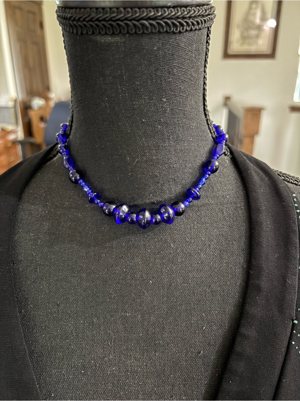 Handcrafted Cobalt Blue Glass Bead Necklace - Women Jewelry 7 1/2 inches